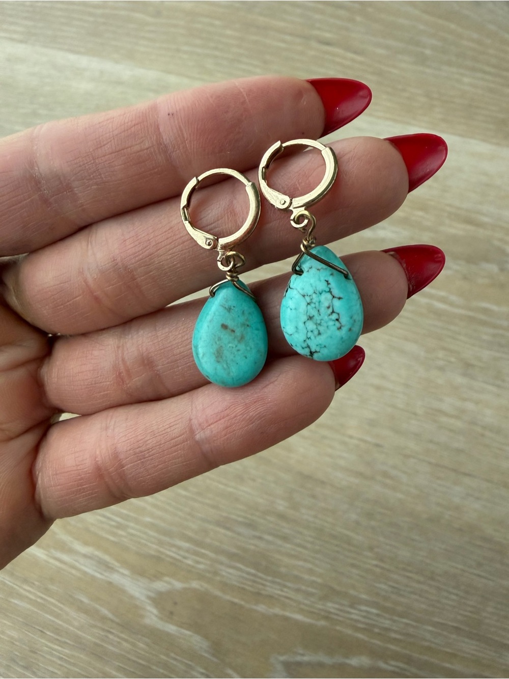 Turquoise Teardrop Earrings - Blue Stone Dangle - Picture 3 of 5